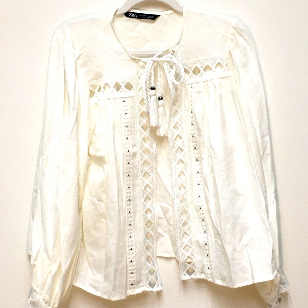 Zara Linen Cotton Embroidered Blouse Medium Cream Front Tassel Tie Beaded Boho